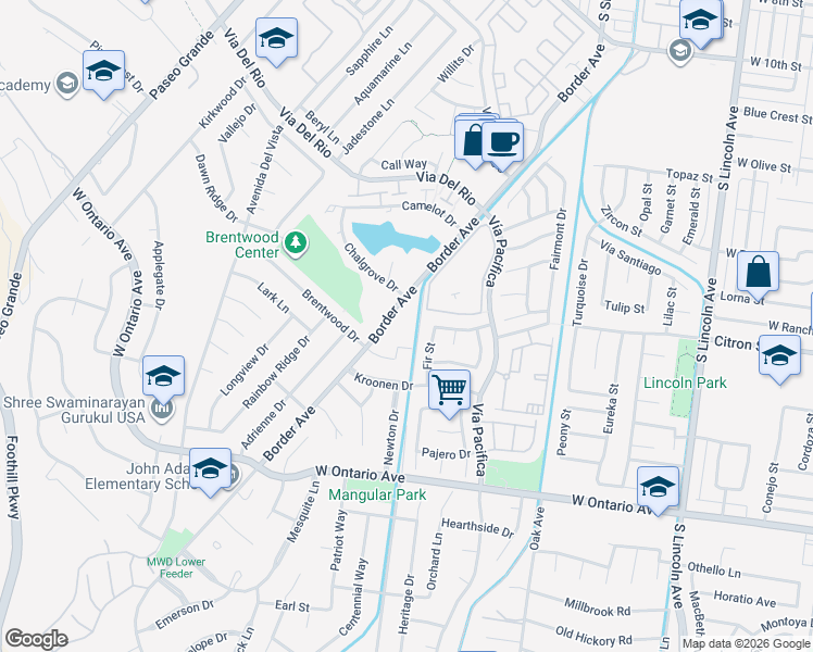 map of restaurants, bars, coffee shops, grocery stores, and more near 1549 Border Avenue in Corona