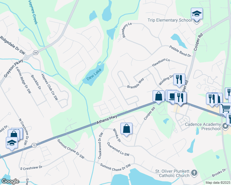 map of restaurants, bars, coffee shops, grocery stores, and more near 150 Camry Lane Southwest in Grayson