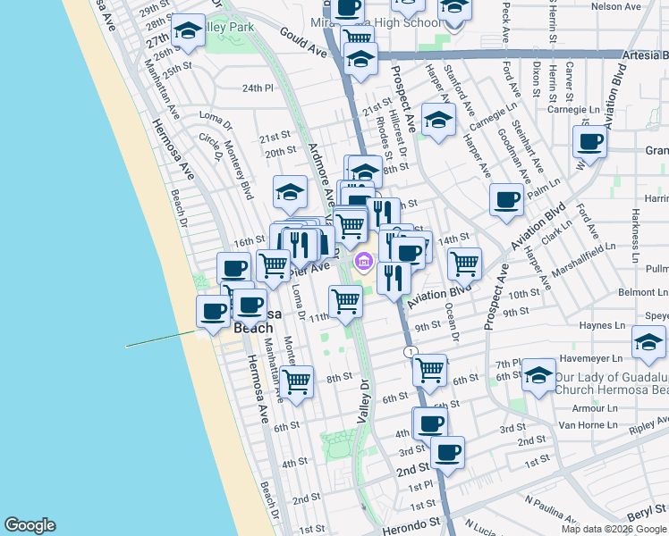 map of restaurants, bars, coffee shops, grocery stores, and more near 550 Pier Avenue in Hermosa Beach