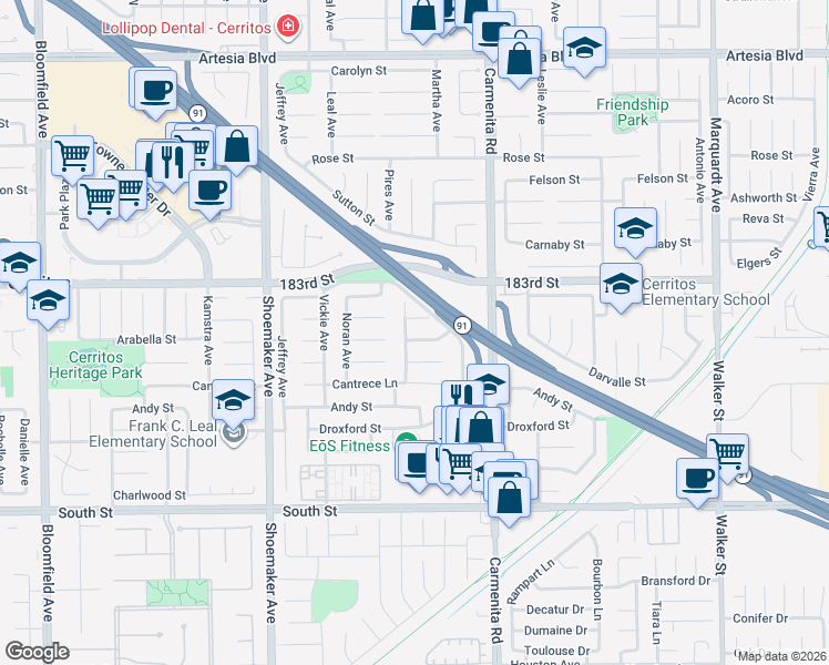 map of restaurants, bars, coffee shops, grocery stores, and more near 18501 Cecelia Way in Cerritos