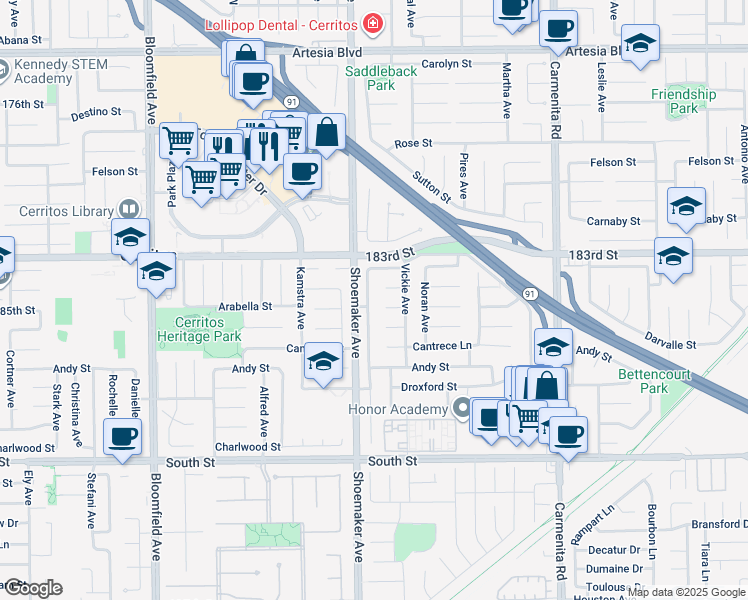 map of restaurants, bars, coffee shops, grocery stores, and more near 18418 Jeffrey Avenue in Cerritos