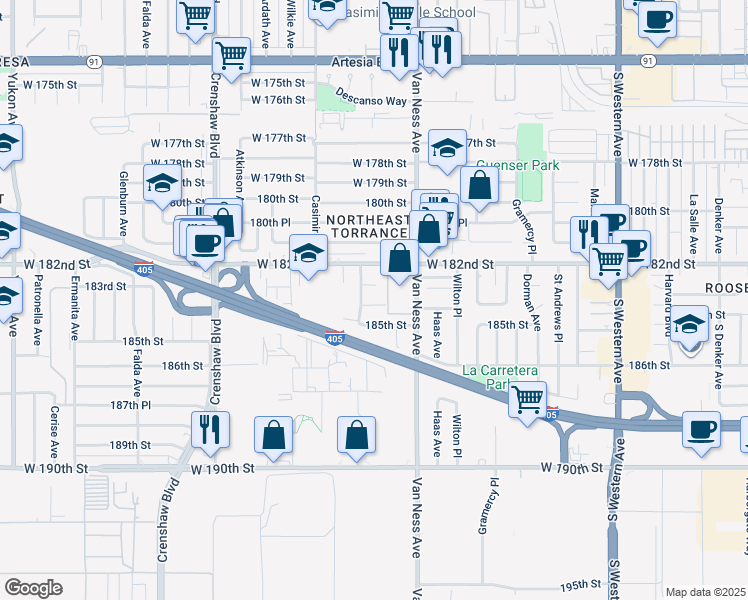 map of restaurants, bars, coffee shops, grocery stores, and more near 2321 184th Street in Torrance