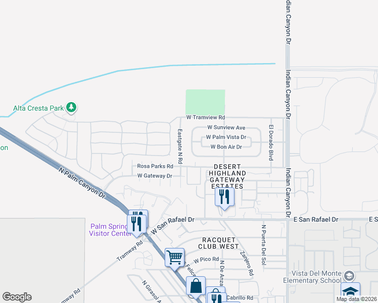 map of restaurants, bars, coffee shops, grocery stores, and more near 583 West Avenue Cerca in Palm Springs