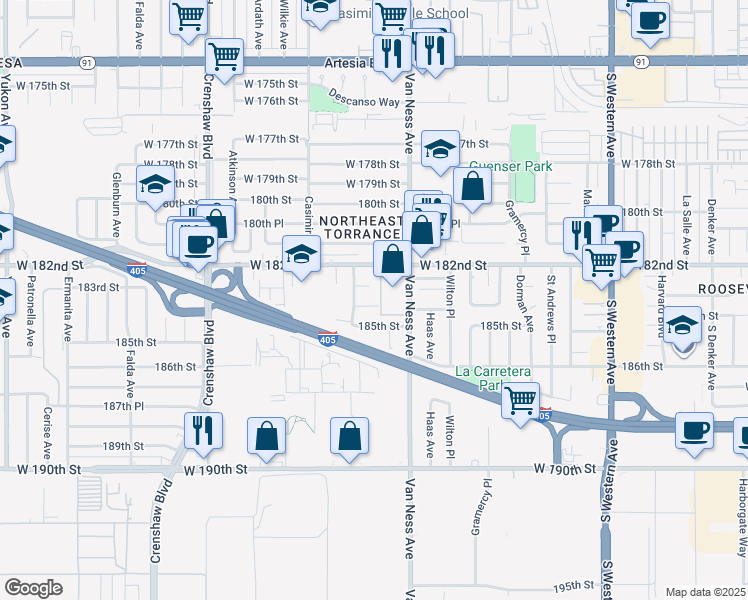 map of restaurants, bars, coffee shops, grocery stores, and more near 2313 184th Street in Torrance
