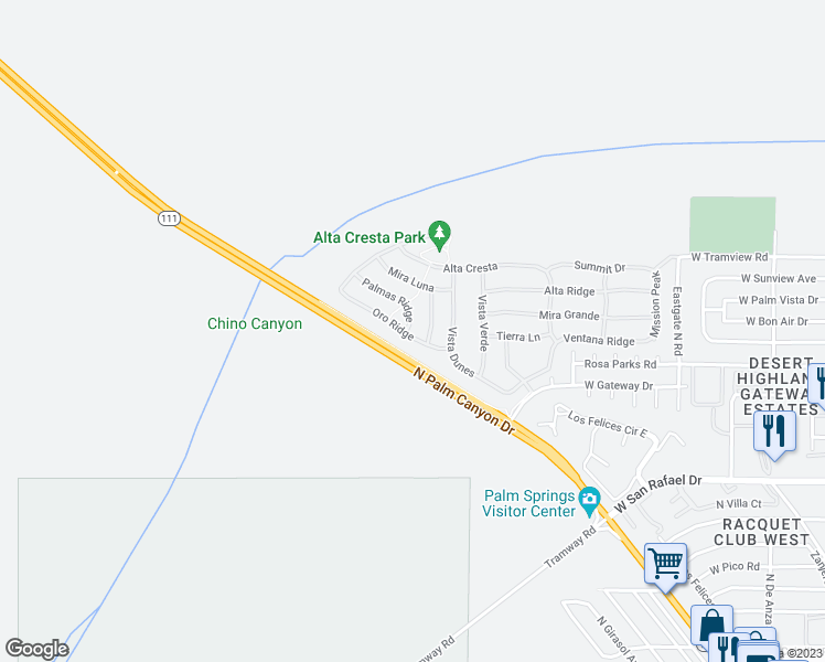 map of restaurants, bars, coffee shops, grocery stores, and more near 1146 Oro Ridge in Palm Springs