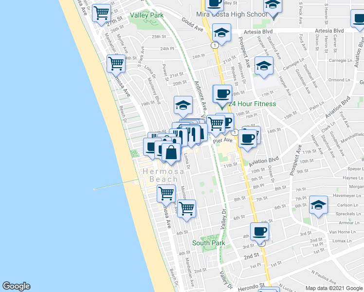 map of restaurants, bars, coffee shops, grocery stores, and more near 422 Pier Avenue in Hermosa Beach