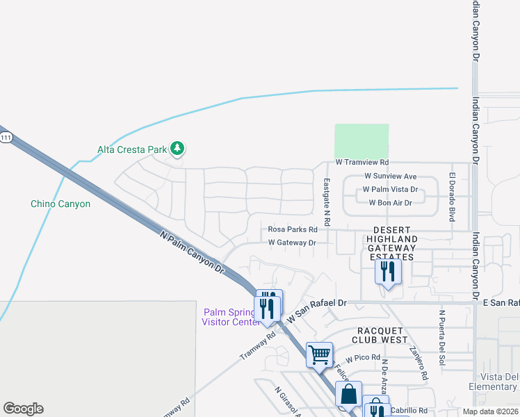 map of restaurants, bars, coffee shops, grocery stores, and more near in Palm Springs