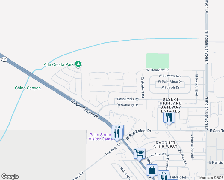 map of restaurants, bars, coffee shops, grocery stores, and more near 845 Ventana Ridge in Palm Springs