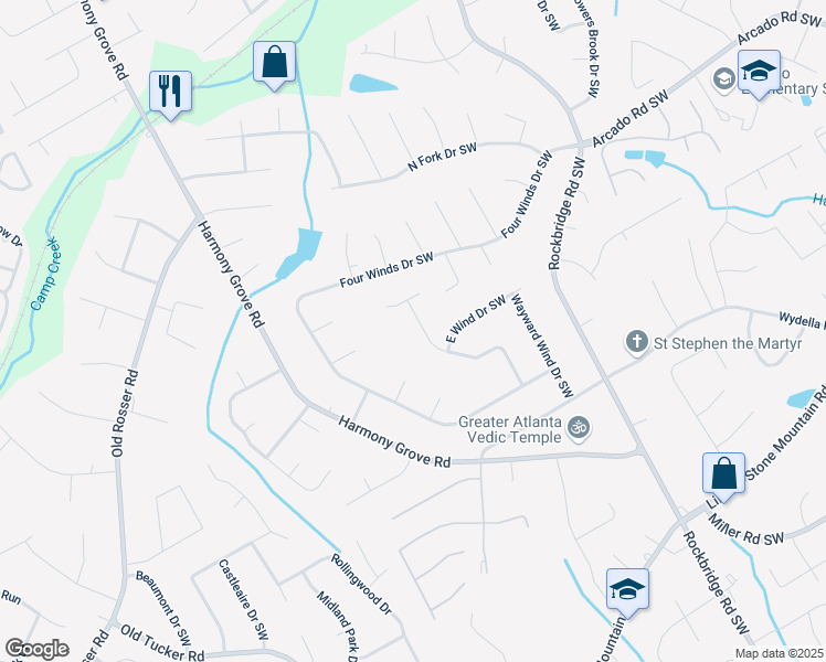 map of restaurants, bars, coffee shops, grocery stores, and more near 287 West Wind Drive Southwest in Lilburn