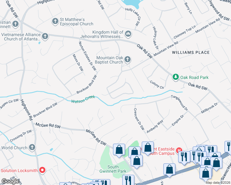 map of restaurants, bars, coffee shops, grocery stores, and more near 2842 Oak Meadow Lane in Snellville