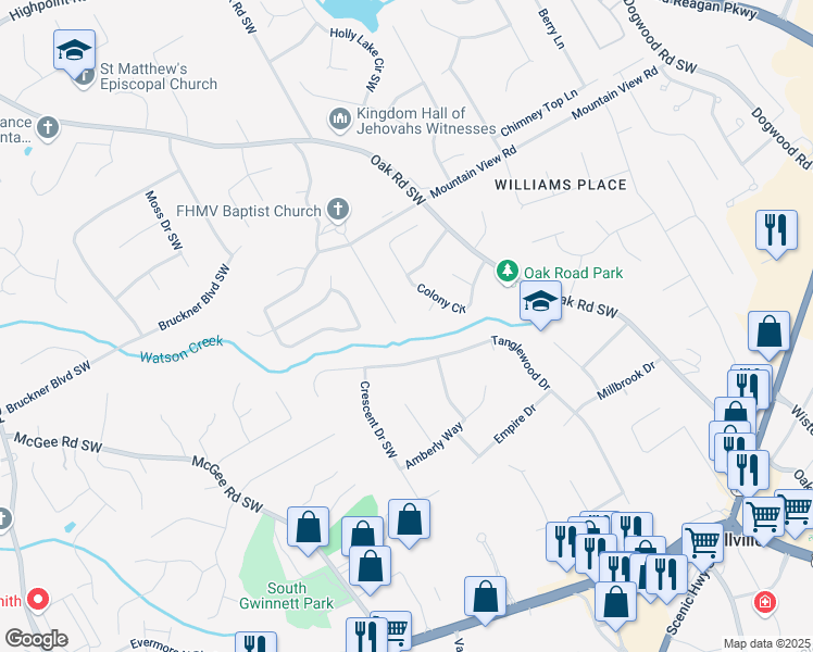 map of restaurants, bars, coffee shops, grocery stores, and more near 1898 Mornington Lane in Snellville