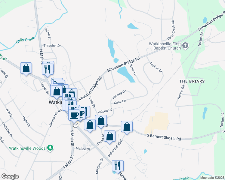 map of restaurants, bars, coffee shops, grocery stores, and more near 1081 Jeremy Drive in Watkinsville