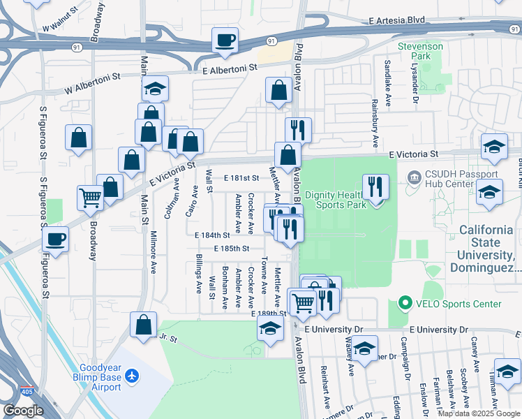 map of restaurants, bars, coffee shops, grocery stores, and more near 18303 Crocker Avenue in Carson