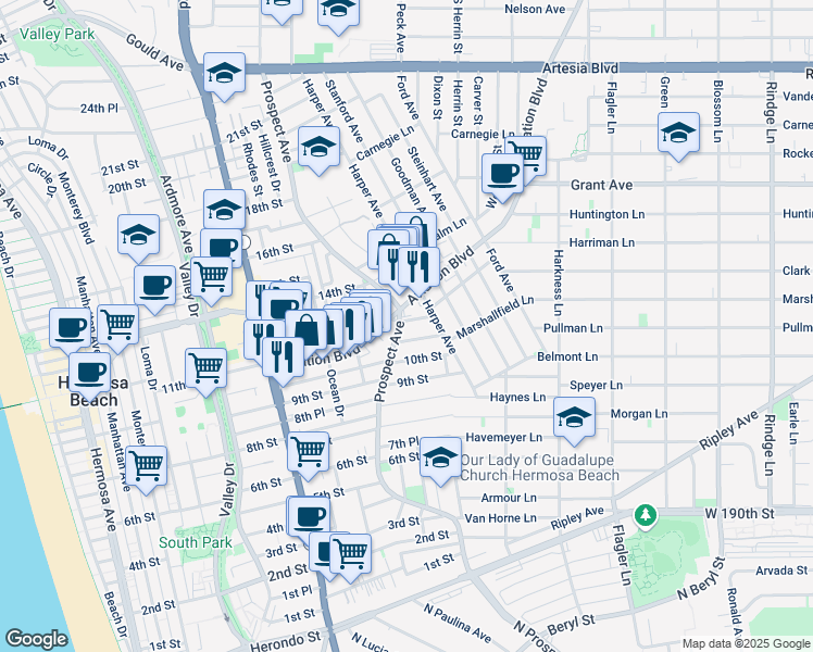 map of restaurants, bars, coffee shops, grocery stores, and more near 1130 Prospect Avenue in Hermosa Beach