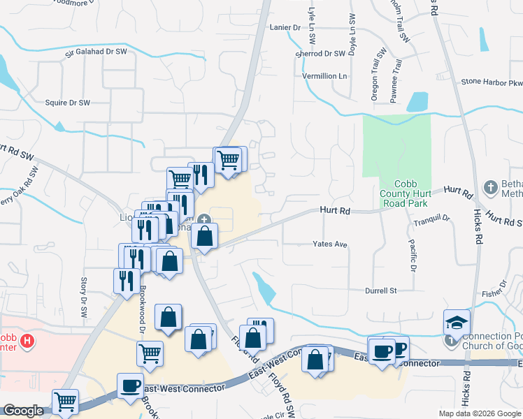map of restaurants, bars, coffee shops, grocery stores, and more near 3757 Floyd Road in Austell