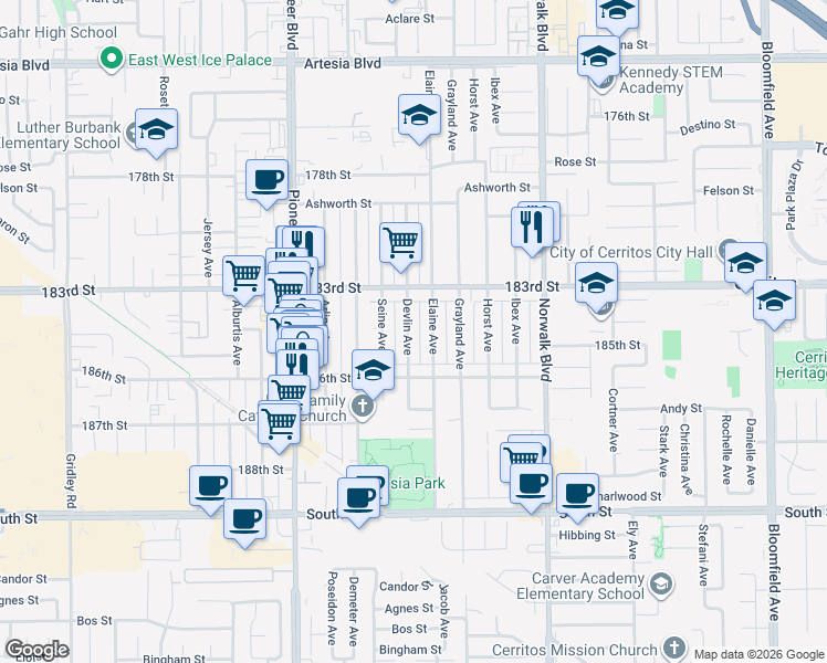 map of restaurants, bars, coffee shops, grocery stores, and more near 18425 Elaine Avenue in Artesia