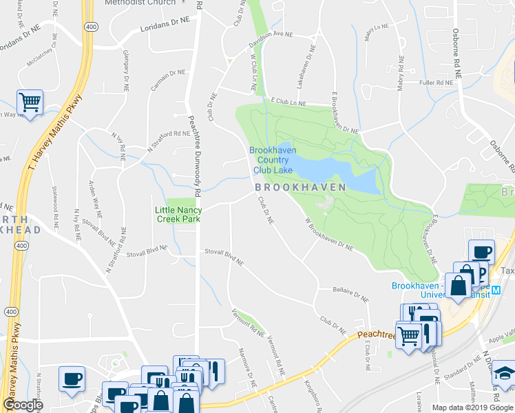 map of restaurants, bars, coffee shops, grocery stores, and more near 3982 Club Drive Northeast in Atlanta