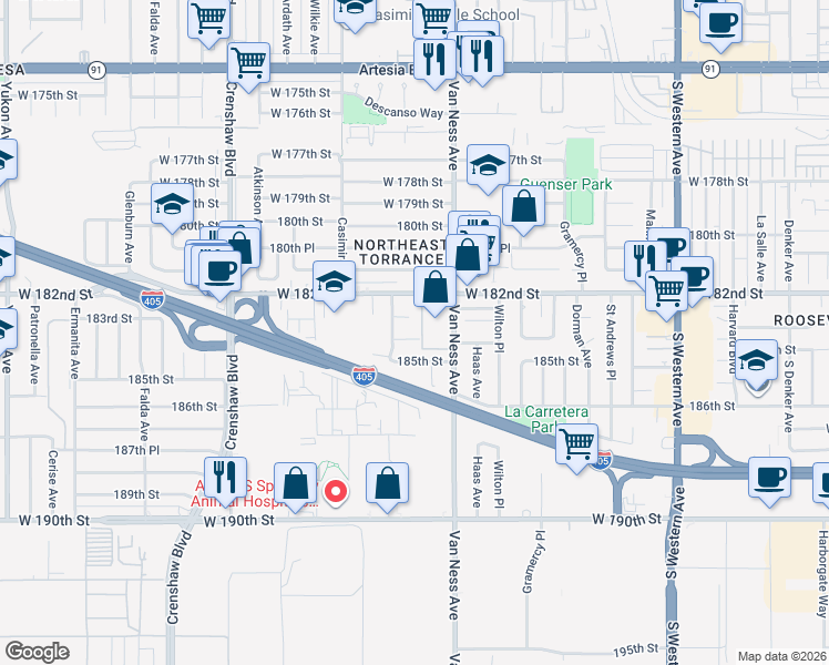 map of restaurants, bars, coffee shops, grocery stores, and more near 2313 184th Street in Torrance