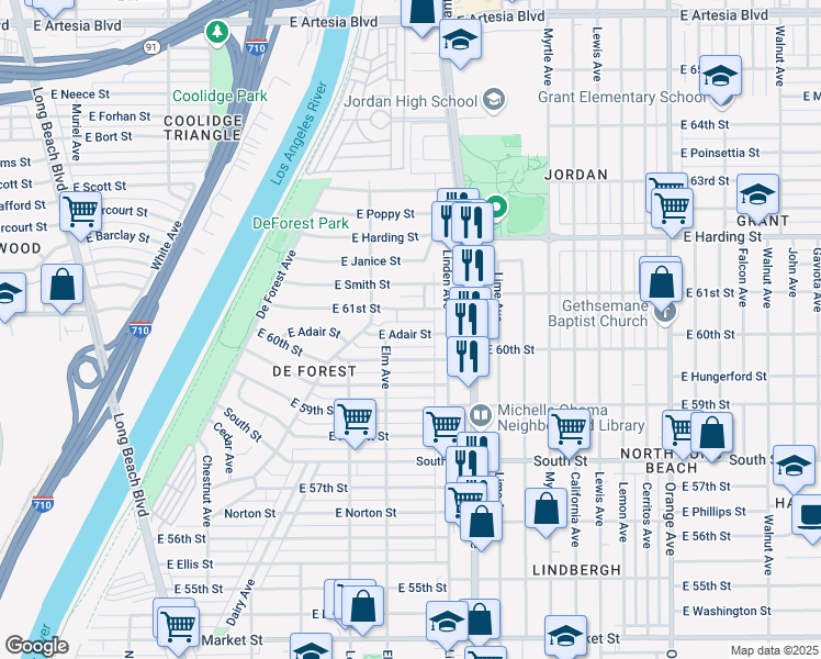 map of restaurants, bars, coffee shops, grocery stores, and more near 445 East Adair Street in Long Beach