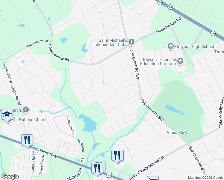 map of restaurants, bars, coffee shops, grocery stores, and more near 3233 Beech Hollow Court in Loganville