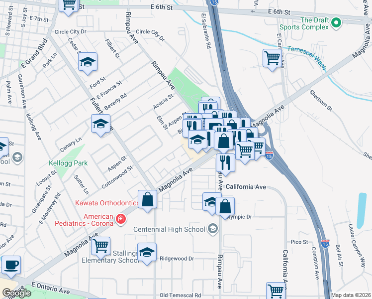 map of restaurants, bars, coffee shops, grocery stores, and more near 1601 Wintergreen Lane in Corona