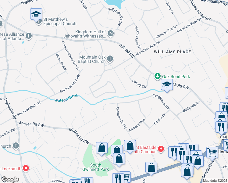 map of restaurants, bars, coffee shops, grocery stores, and more near 3100 Oak Meadow Drive in Snellville