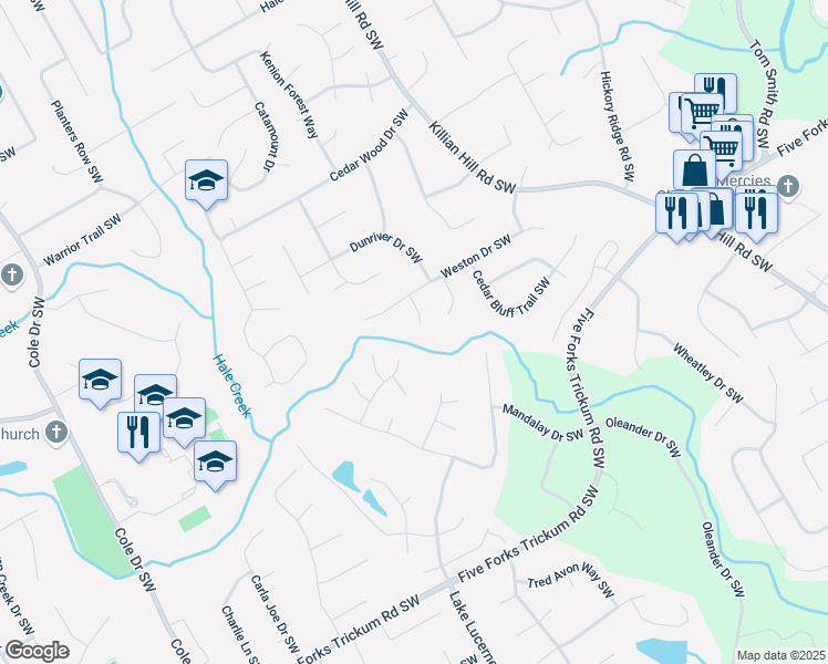 map of restaurants, bars, coffee shops, grocery stores, and more near 959 Cedar Falls Court Southwest in Lilburn