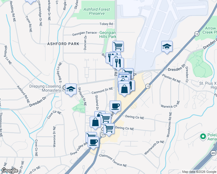 map of restaurants, bars, coffee shops, grocery stores, and more near 1907 Canmont Drive Northeast in Atlanta