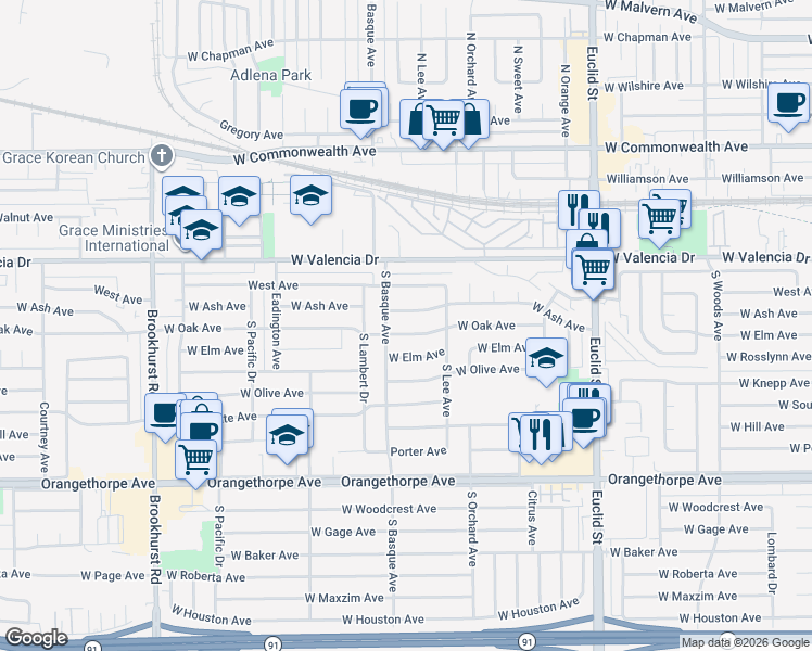 map of restaurants, bars, coffee shops, grocery stores, and more near 1343 West Oak Avenue in Fullerton