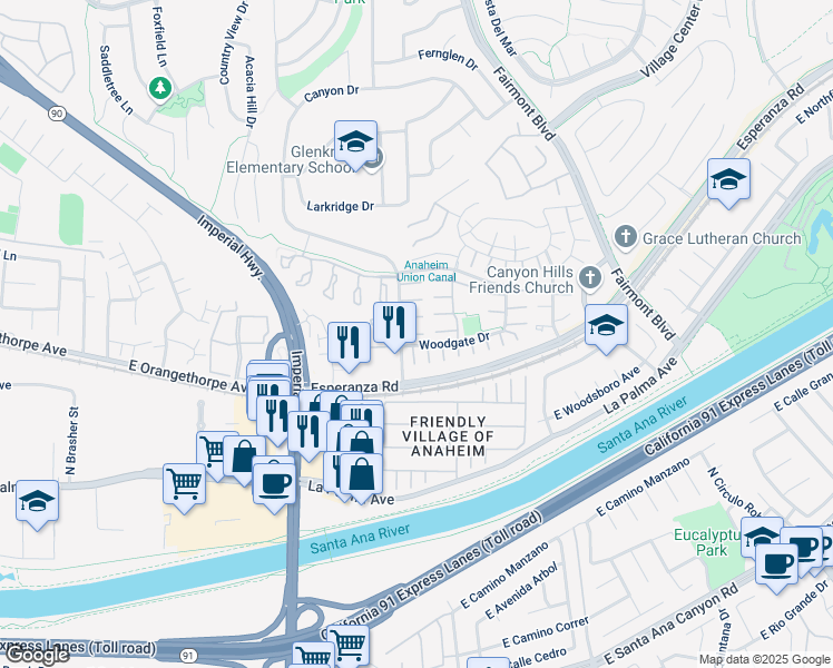 map of restaurants, bars, coffee shops, grocery stores, and more near 20001 Wildwood Court in Yorba Linda