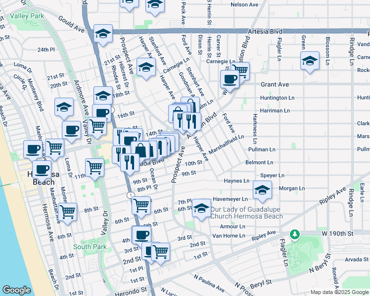 map of restaurants, bars, coffee shops, grocery stores, and more near 1130 Prospect Avenue in Hermosa Beach