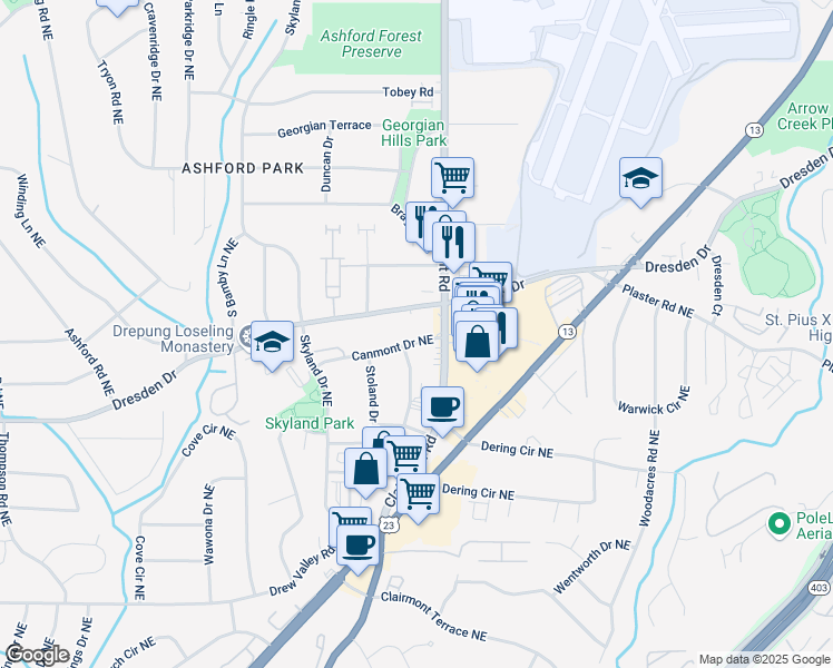 map of restaurants, bars, coffee shops, grocery stores, and more near 1912 Canmont Drive Northeast in Atlanta