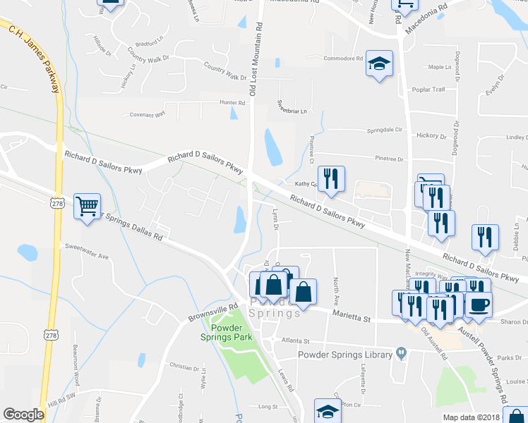 map of restaurants, bars, coffee shops, grocery stores, and more near 4430 Lynn Drive in Powder Springs