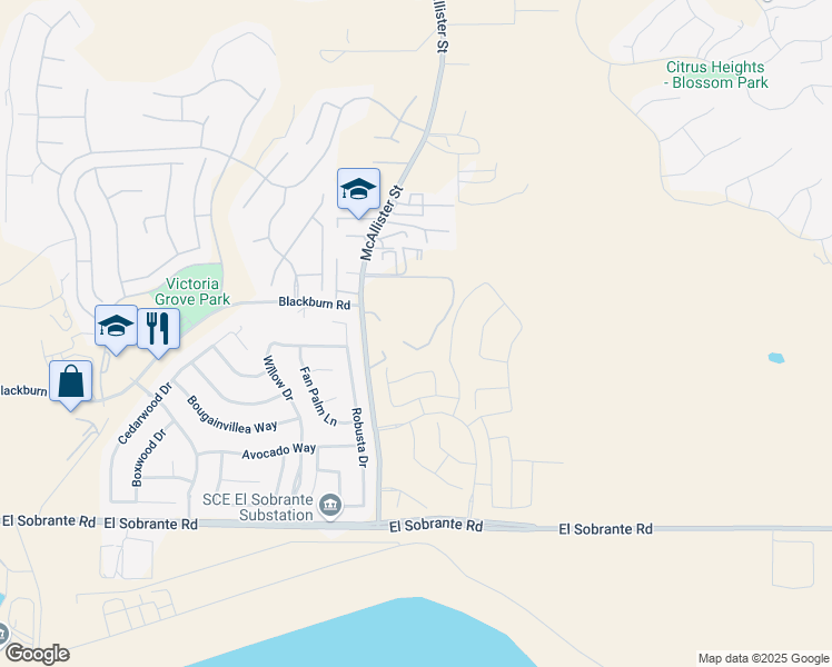 map of restaurants, bars, coffee shops, grocery stores, and more near 17530 McAllister Street in Riverside