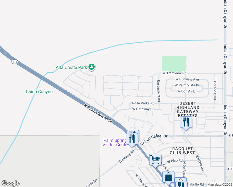 map of restaurants, bars, coffee shops, grocery stores, and more near 924 Tierra Lane in Palm Springs