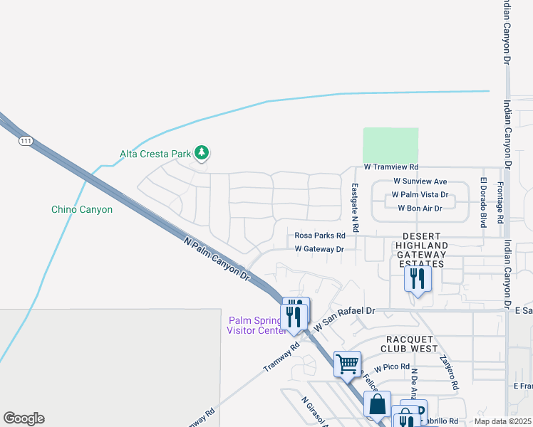 map of restaurants, bars, coffee shops, grocery stores, and more near 902 Tierra Lane in Palm Springs