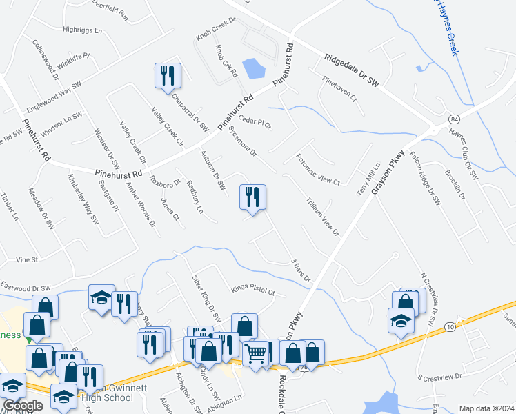 map of restaurants, bars, coffee shops, grocery stores, and more near 2409 3 Bars Drive in Snellville