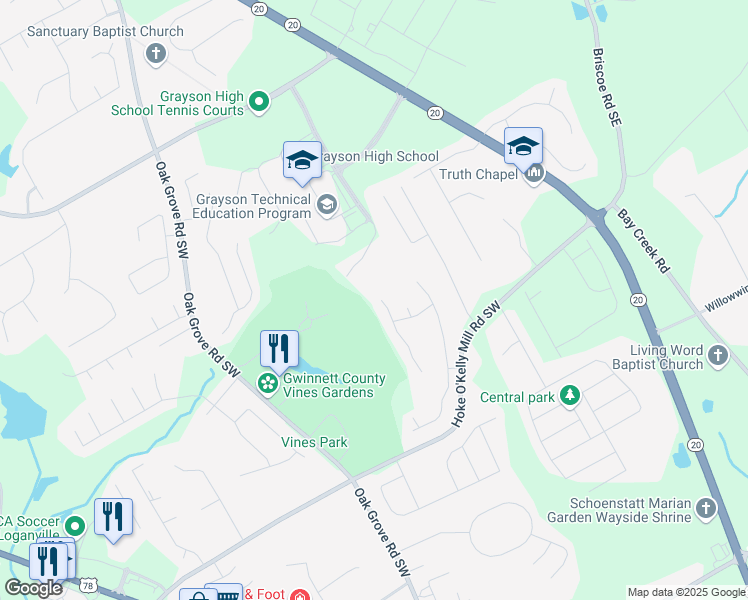 map of restaurants, bars, coffee shops, grocery stores, and more near 3433 Woodshade Drive in Loganville
