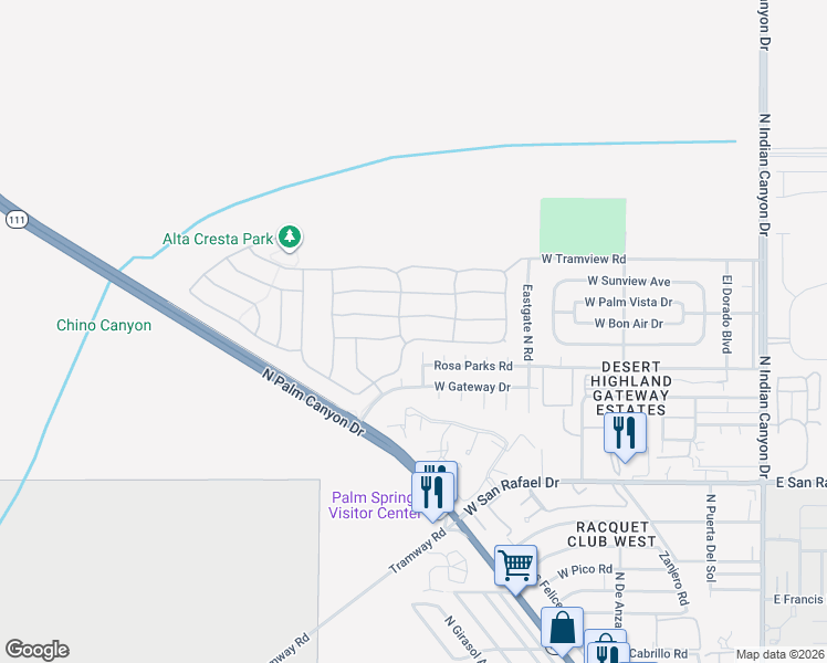 map of restaurants, bars, coffee shops, grocery stores, and more near 845 Ventana Ridge in Palm Springs