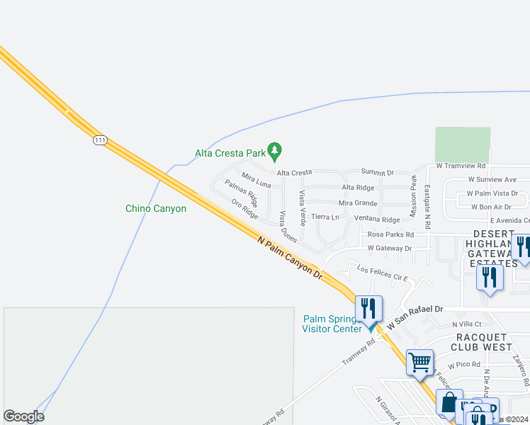 map of restaurants, bars, coffee shops, grocery stores, and more near 1141 Oro Ridge in Palm Springs