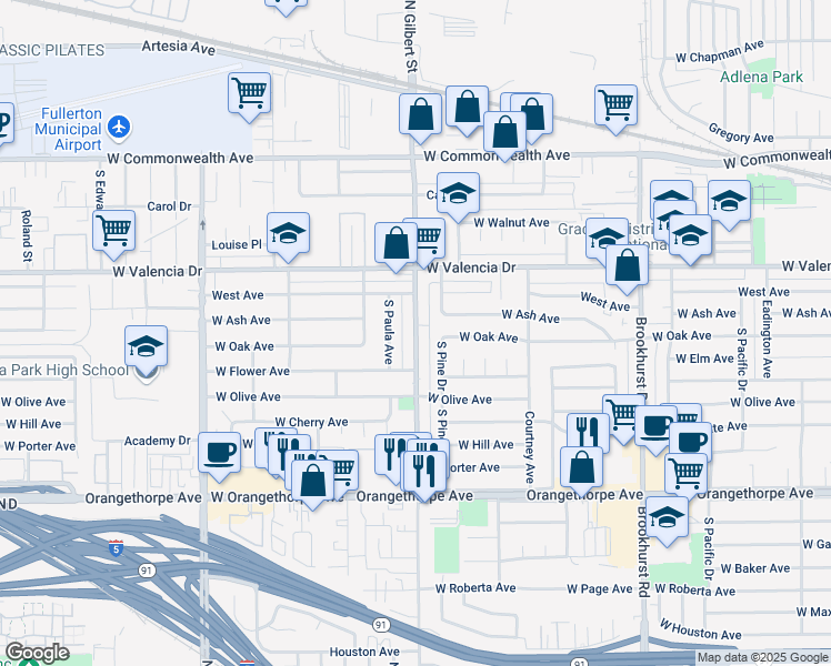 map of restaurants, bars, coffee shops, grocery stores, and more near 601 South Pine Drive in Fullerton