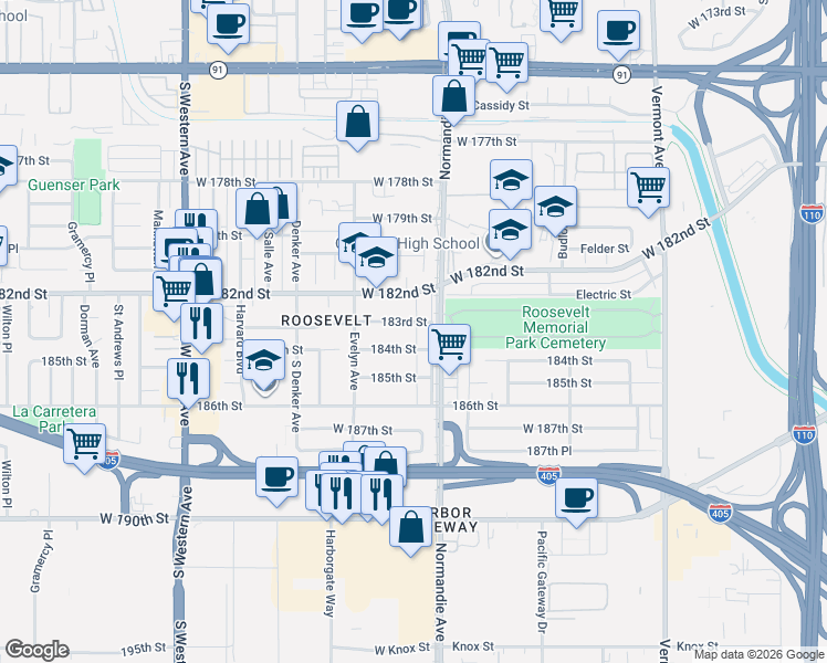 map of restaurants, bars, coffee shops, grocery stores, and more near 1427 184th Street in Gardena