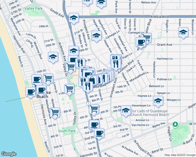 map of restaurants, bars, coffee shops, grocery stores, and more near 955 Montgomery Drive in Hermosa Beach
