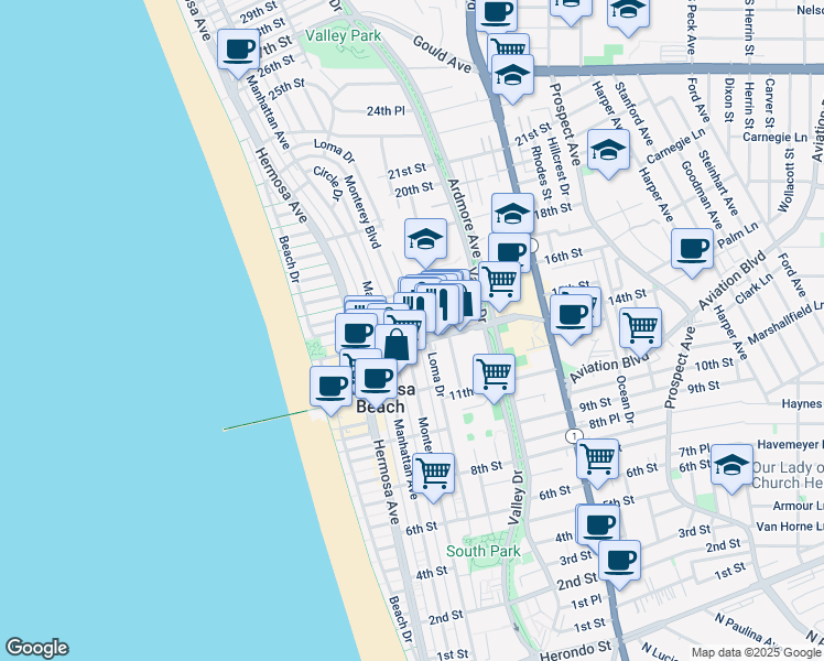 map of restaurants, bars, coffee shops, grocery stores, and more near 422 Pier Avenue in Hermosa Beach
