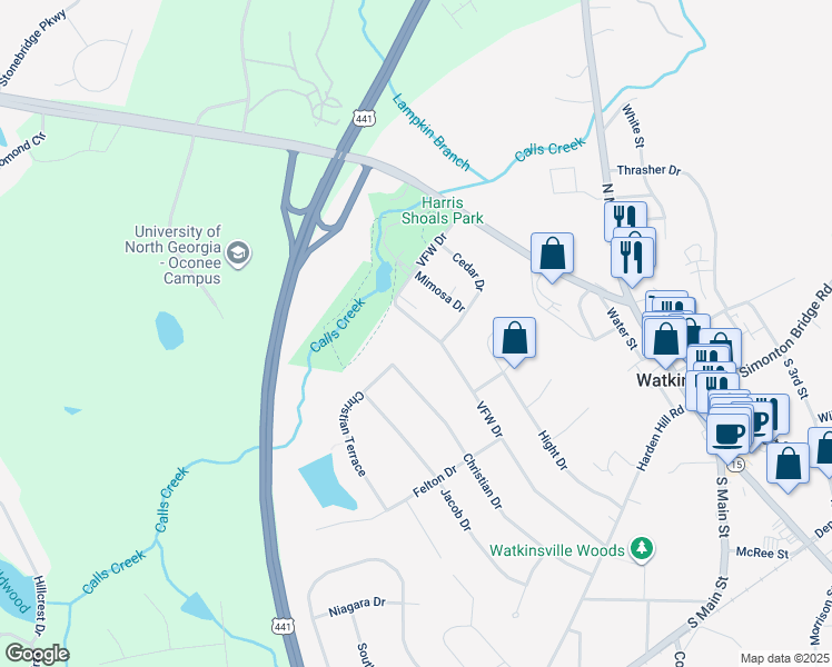 map of restaurants, bars, coffee shops, grocery stores, and more near 1340 Christian Drive in Watkinsville