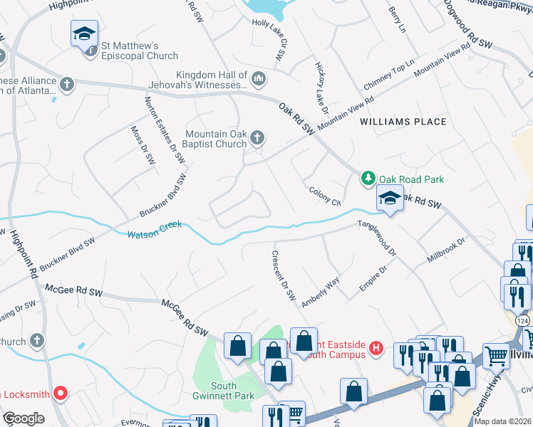 map of restaurants, bars, coffee shops, grocery stores, and more near 3100 Oak Meadow Drive in Snellville