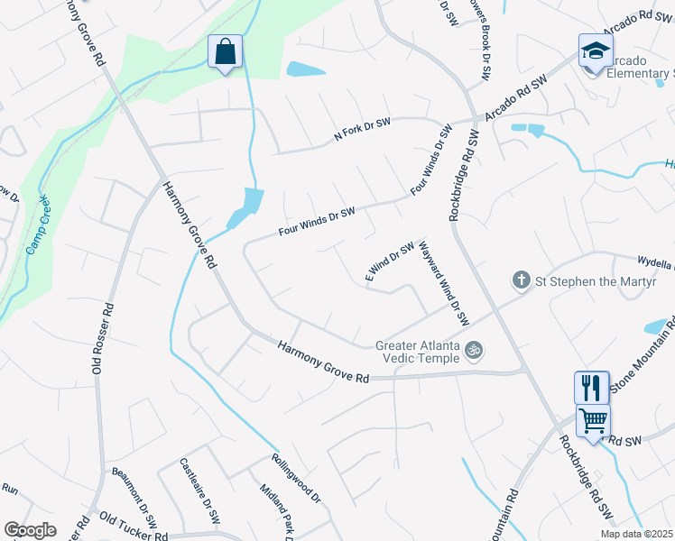map of restaurants, bars, coffee shops, grocery stores, and more near 287 West Wind Drive Southwest in Lilburn