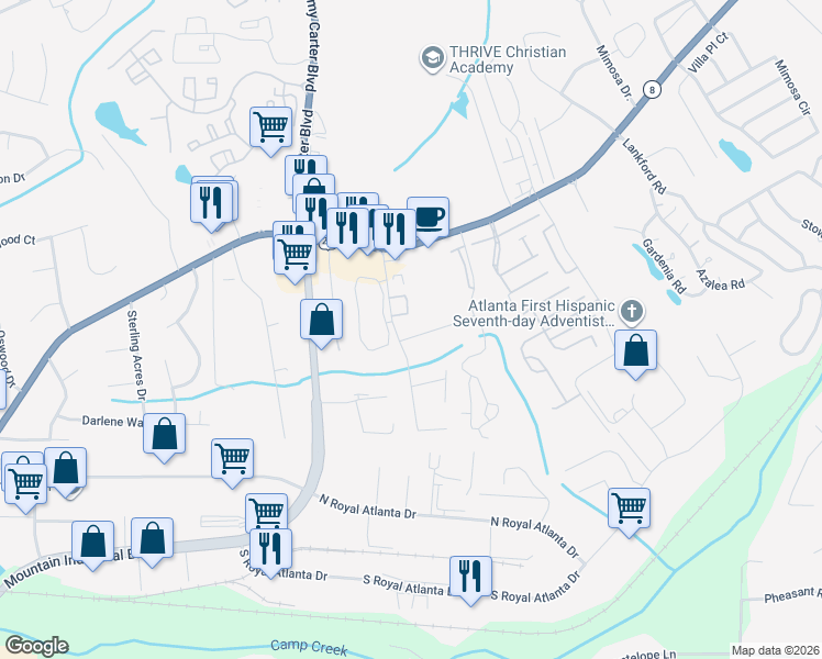 map of restaurants, bars, coffee shops, grocery stores, and more near 5010 Leeshire Trail in Tucker