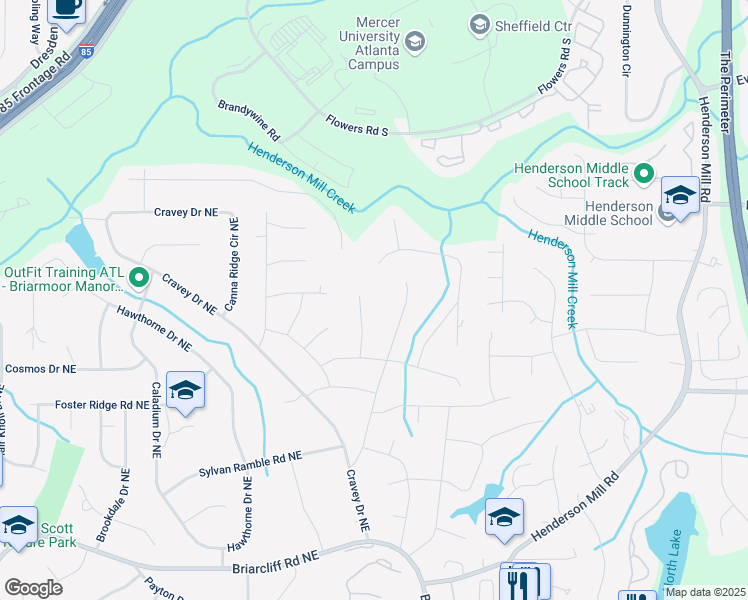 map of restaurants, bars, coffee shops, grocery stores, and more near 2657 Langland Court Northeast in Atlanta