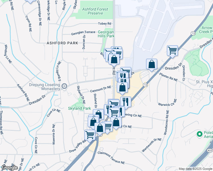 map of restaurants, bars, coffee shops, grocery stores, and more near 1912 Canmont Drive Northeast in Atlanta